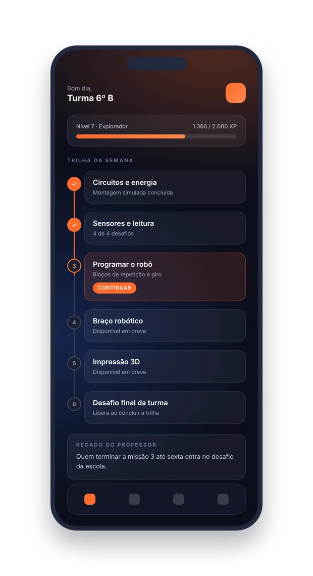 Trilha de missões do aluno em um celular